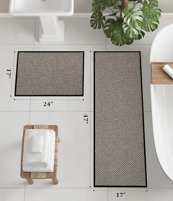 YIHOUSE Thin Bath Mat Black Bathroom Rugs Sets 2 Pieces, Non Slip Absorbent Mats Quick Dry, Woven Rugs Washable, Tapetes para Baño for Bathroom Toliet,Bathtub(17"x24"+17"x47")