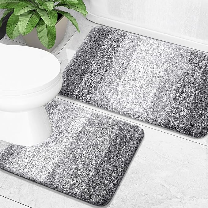 OLANLY Micorfiber Bathroom Rug Set 2 Piece, 24"x16"+U-Shaped 24"x20" | Grey, Soft Absorbent Bath Mats and Contour Toilet Rug, Non-Slip, Machine Wash Dry, Plush Shaggy Bath Mats for Bathroom