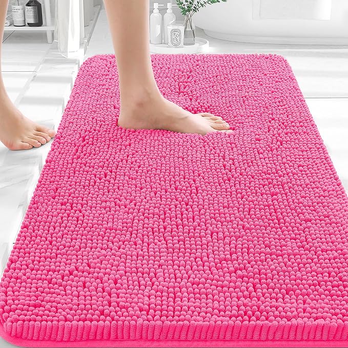 OLANLY Bathroom Rugs 35x24, Extra Soft Absorbent Chenille Bath Rugs | Hot Pink, Quick-Drying Rubber Backing, Machine Washable Bath Mat for Bathroom Floor, Tub and Shower, Home Decor Accessories