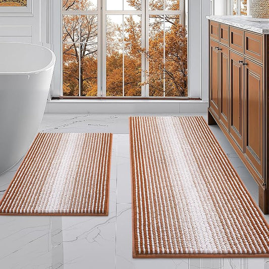 Bathroom Rugs Sets 2 Piece, Non Slip Bath Mats, Caramel Brown | 20"x47" Plus 16"x24", Soft Absorbent Striped Chenille, Quick Dry Machine Washable, Shower Rug for Bathroom Bedroom Décor