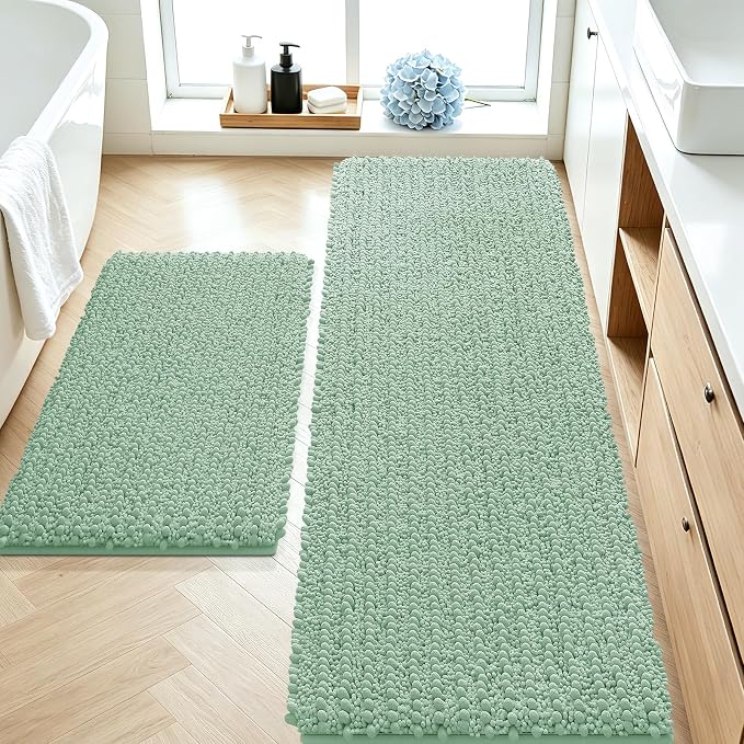 ACCUMTEK Upgrade Luxury 2 Piece Sage Green Toilet Bathroom Rug Mat 60"x20"+32"x20", Ultra Soft Thick Absorbent Bath Mats, Non Slip Chenille Toilet Mat for Bathroom, Bedroom, Kitchen, Shower, Tub