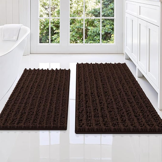 Smiry Bathroom Rugs Sets 2 Piece (36x24+30x20), Extra Soft Bath Mats | Brown Soft Absorbent, Rubber Backing Machine Washable Quick Dry Chenille Bath Rug Set for Tub, Shower, and Floor