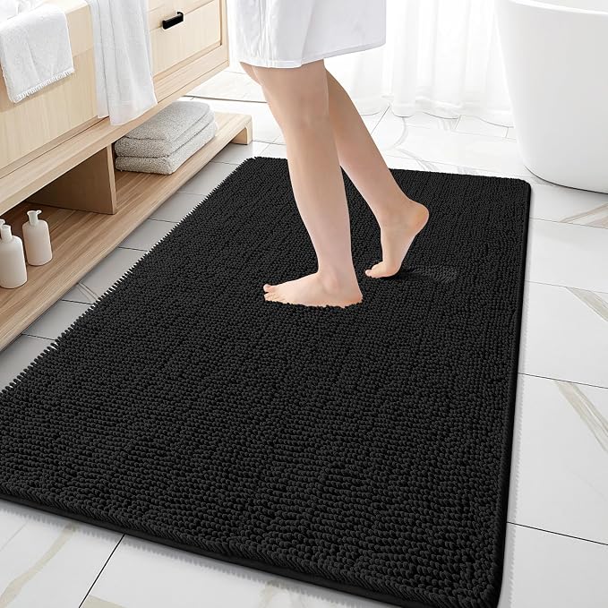 OLANLY Large Bathroom Rugs 59x35, Extra Soft Absorbent Chenille Bath Rugs | Black, Quick-Drying Rubber Backing, Machine Washable Bath Mat for Bathroom Floor, Tub and Shower, Home Decor Accessories