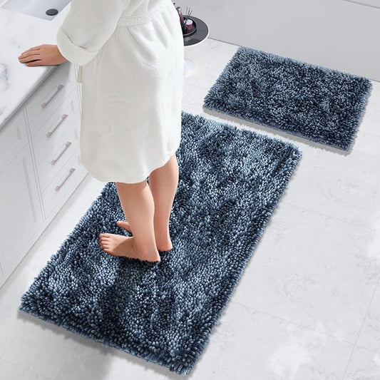 Yimobra Bathroom Rug Set 2 Piece, Luxury Shaggy Bath Mat Set with Non Slip Backing, Ultra Soft & Absorbent Mats for Bathroom Floor, Machine Washable, 44"x24"+24"x17", Light Blue
