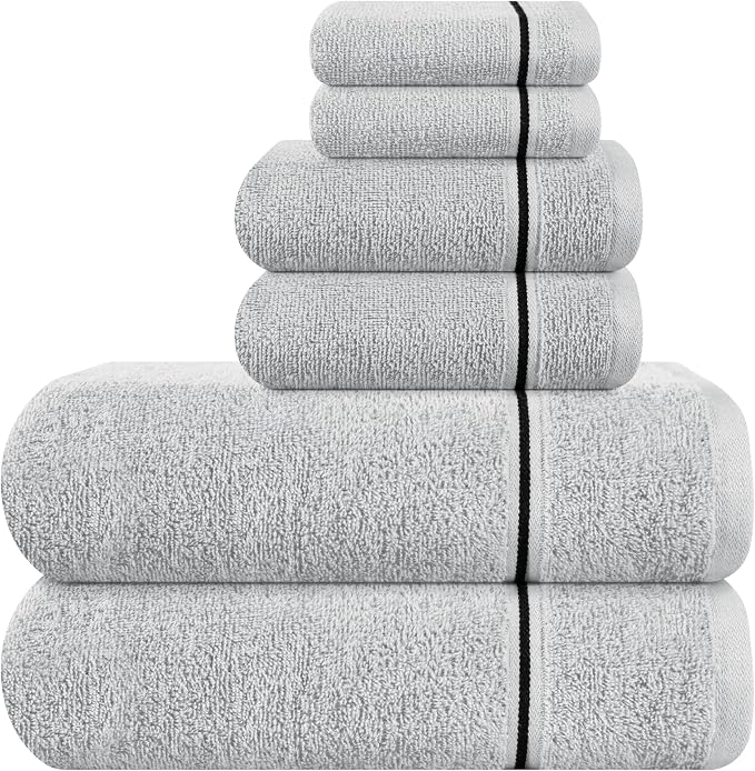 MyOwn Ultra Soft 6 Pack Cotton Towel Set, Contains 2 Bath Towels 28x55 inch, 2 Hand Towels 16x24 inch & 2 Wash Coths 12x12 inch, Ideal Everyday use, Compact & Lightweight - Light Grey
