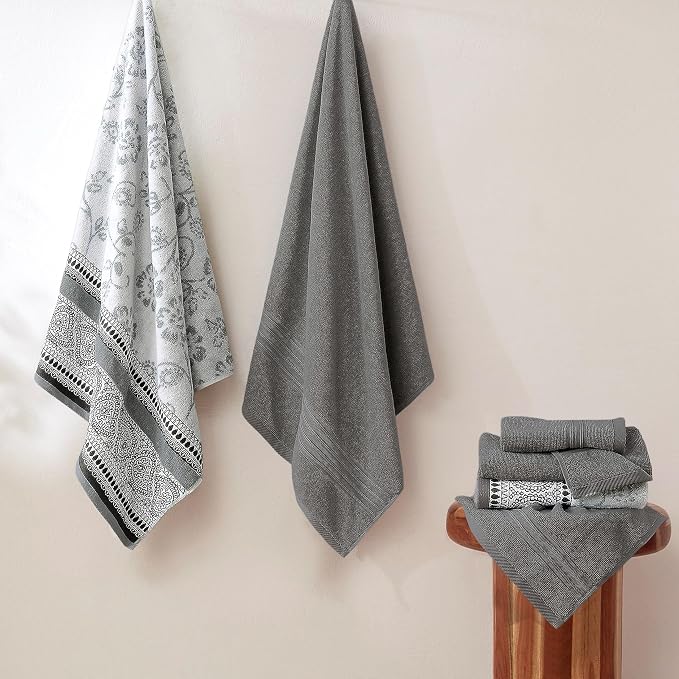 Modern Threads 6 Piece Bath Towel Set – Bathroom Set with 2 Bath Towels, 2 Hand Towels, and 2 Wash Cloths – 100% Cotton, Super Absorbent & Extra Soft – Reversible Floral Trail (Gray)