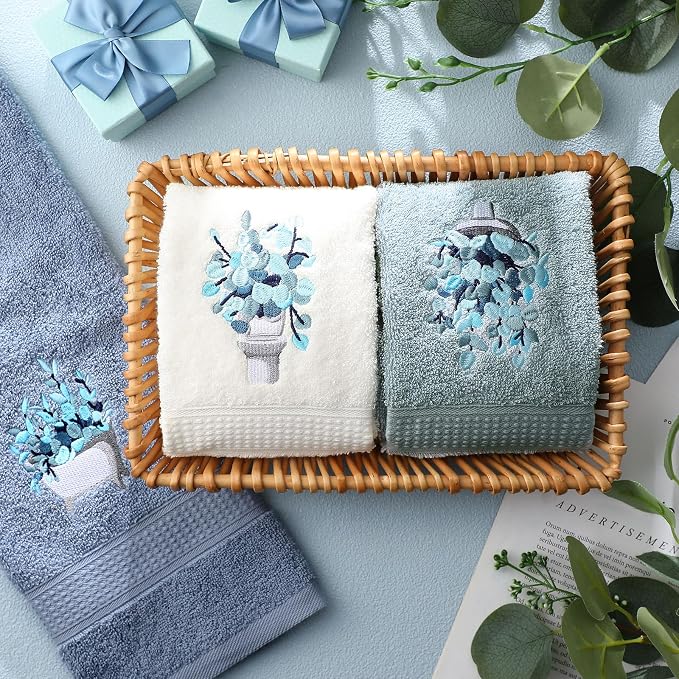 3 Pcs Blue Eucalyptus Leaves Hand Towels Botanical Bathroom Decor | Embroidered Eucalyptus Design, 100% Cotton, Farmhouse Bathroom Kitchen Decor, Absorbent Towels, Holiday Housewarming Gifts