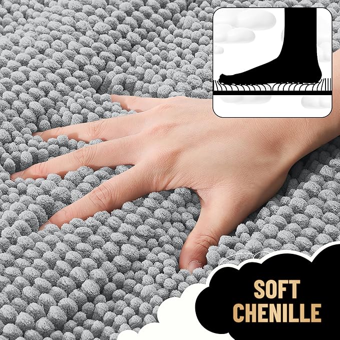 OLANLY Thick Chenille Bathroom Rugs Sets 3 Piece, 36"x24"+24"x16"+24"x20" | Light Grey, Absorbent Bath Mats and U-Shaped Contour Toilet Rug, Home Decor Accessories, Bath Mat Set for Bathroom