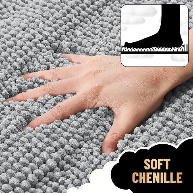 OLANLY Thick Chenille Bathroom Rugs Sets 3 Piece, 30"x20"+24"x16"+24"x20" | Light Grey, Absorbent Bath Mats and U-Shaped Contour Toilet Rug, Home Decor Accessories, Bath Mat Set for Bathroom