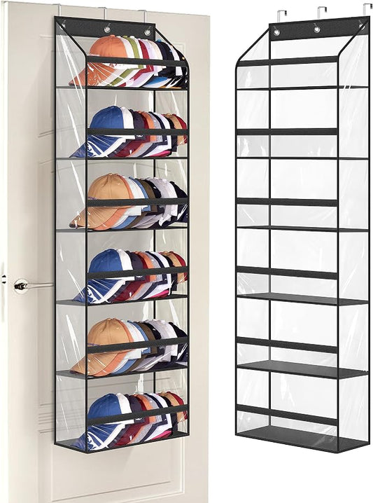 AOODA Clear Over The Door Hat Racks for Baseball Caps, Large Holds up to 72 Caps Hat Storage Organizer for Closet Wall, Deep Pockets Hanging Hat Holder with 3 Hooks, Black