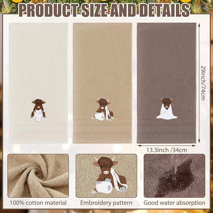 3 Pcs Highland Cow Hand Towels for Bathroom Kitchen Decor Gifts | Embroidered Highland Cow Design, 100% Cotton, Farmhouse Bathroom Kitchen Decor, Absorbent Towels, Holiday Housewarming Gifts