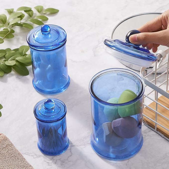 3PCs Set Small Glass Premium Quality Apothecary Jars with lids Bathroom Accessories Set for Laundry Room Storage Kitchen/Vanity Organizer Canisters for Cotton Balls, Sponges,Q-Tips(Blue jar)