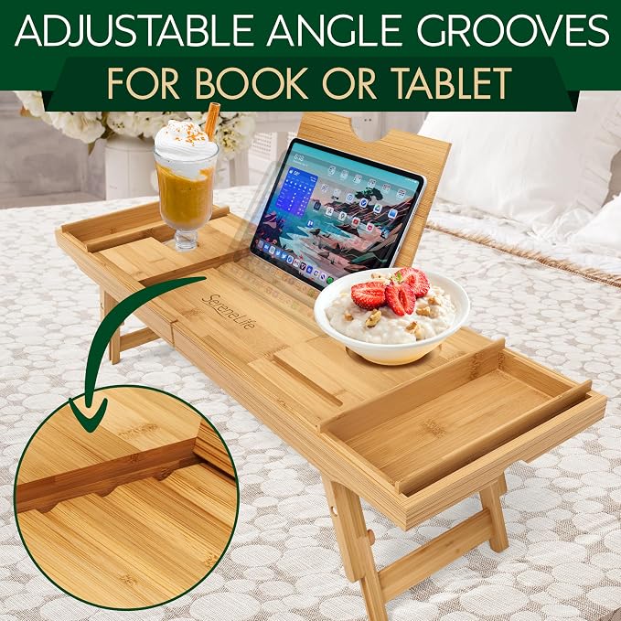 SereneLife Bath Caddy Breakfast Tray Combo, Natural Bamboo Wood Waterproof Bathtub Caddy and Bed Tray with Folding Slide-Out Arms, Spa Trays and Soap Box, Smartphone Holder