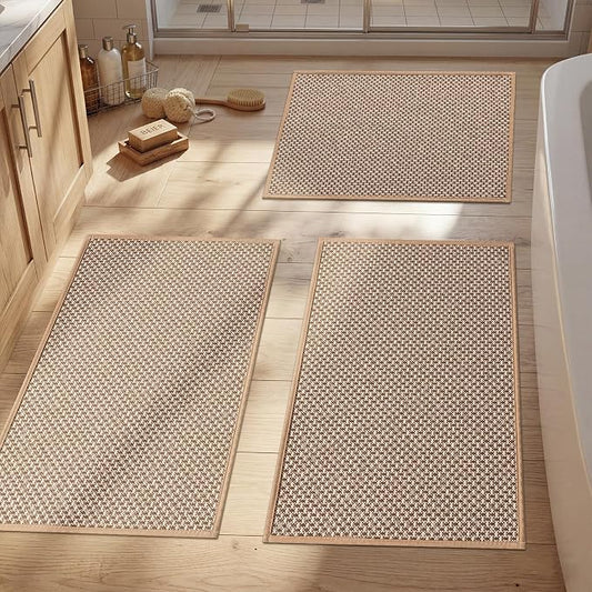 YIHOUSE Thin Bath Mat Khaki Bathroom Rugs Sets 3 Pieces, Non Slip Absorbent Bath Mats Quick Dry, Woven Braided Rugs Washable,Tapetes para Baño for Bathroom,Bathtub(17"x24"+17"x32"+17"x32")