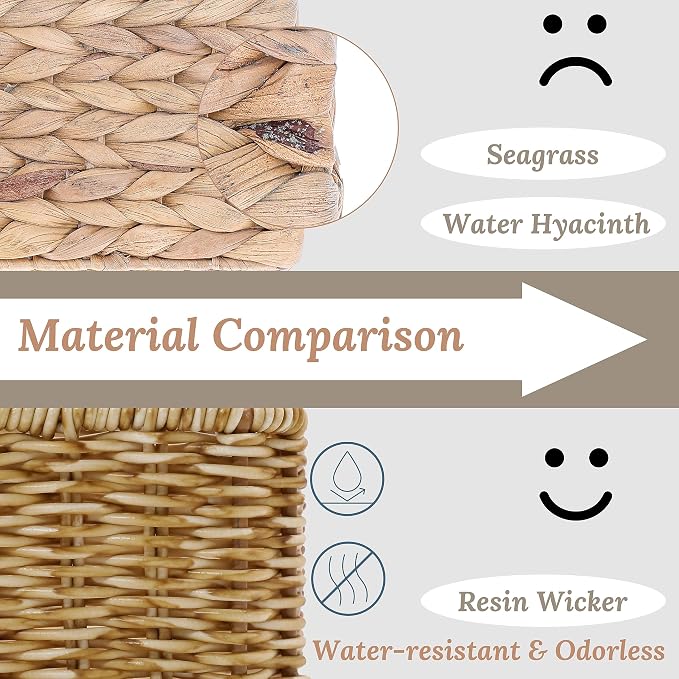 WeeNest Baskets for Organizing, Small Wicker, Storage Bins for Bathroom and Toilet Paper Rolls, Hand Woven Tank Topper with Handle, Set of 2, Oat Milk