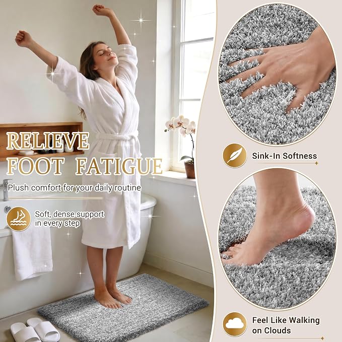 Yimobra Bathroom Rugs Non Slip Washable 32X20, Ultra Soft and Water Absorbent Bath Mats, Plush Fluffy Shower Mat Outside, Microfiber Thick Matts for Bathroom Floor/Tub, Light Gray and White