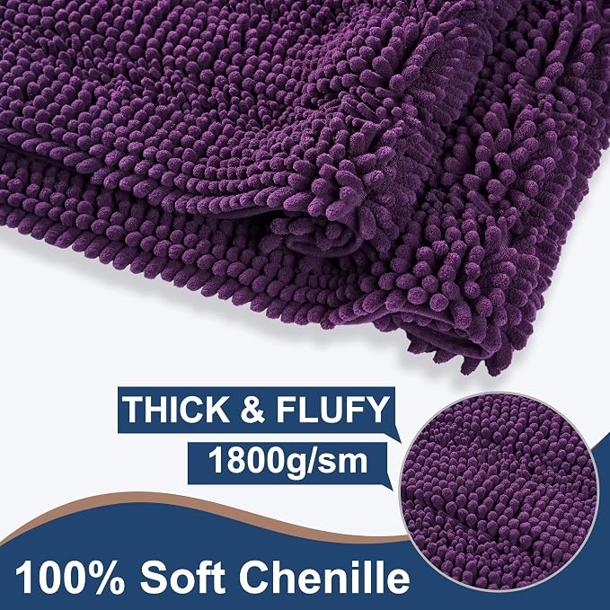 Non Slip Thick Shaggy Chenille Bathroom Rug Sets 2 Piece, Thickened Hot Melt Rubber Bottom Bath Mats for Bathroom, Bath Rugs Quick Dry Machine Washable for Shower (Plum, 47"x17" Plus 17"x24")