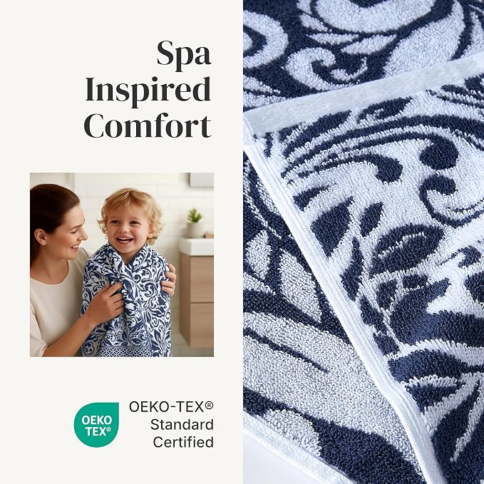 Modern Threads 6 Piece Bath Towel Set – Bathroom Set with 2 Bath Towels, 2 Hand Towels, and 2 Wash Cloths – 100% Cotton, Super Absorbent & Extra Soft – Reversible Botanical Vine (Navy)