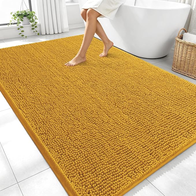 OLANLY Large Bathroom Rugs 70x46, Extra Soft Absorbent Chenille Bath Rugs | Golden Yellow, Quick-Drying Rubber Backing, Washable Bath Mat for Bathroom Floor, Tub and Shower, Home Decor Accessories