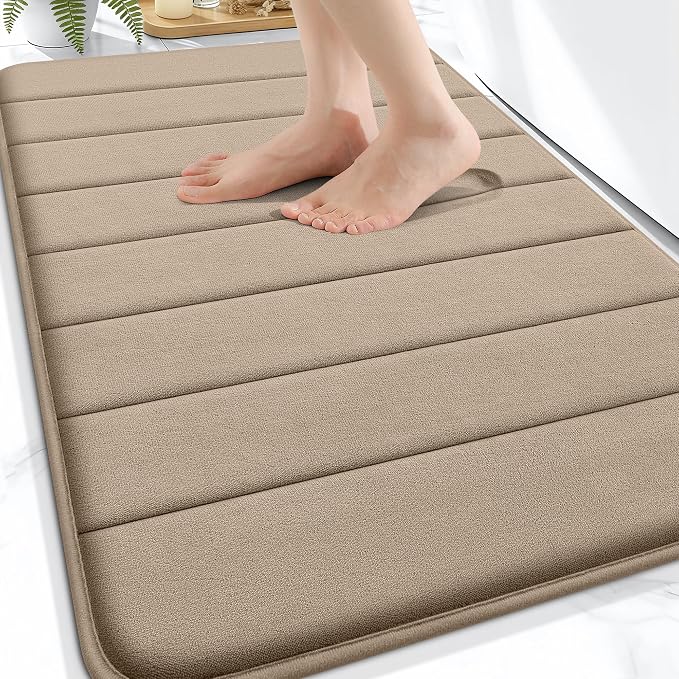 OLANLY Memory Foam Bath Mat 32x20, Super Soft and Absorbent Bathroom Rugs | Tan, Quick Dry Bath Rug, Machine Washable Shower Floor Mats, Bathmat Carpet for Bathroom Floor, Tub and Shower