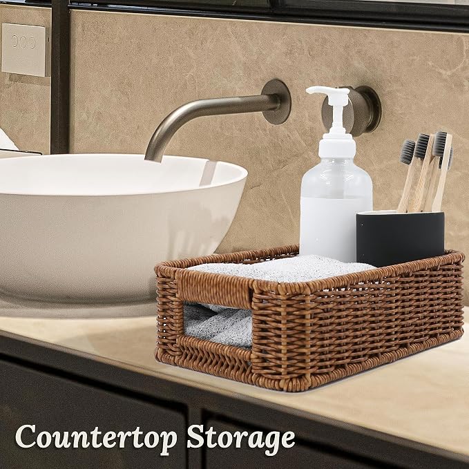 WeeNest Baskets for Organizing, Small Wicker, Storage Bins for Bathroom and Toilet Paper Rolls, Hand Woven Tank Topper with Handle, Set of 2, Toffee