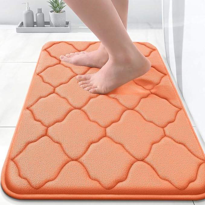 OLANLY Memory Foam Bath Mat Rug 24x16, Ultra Soft Bathroom Rugs, Peach | Thick Absorbent Carpet, Non-Slip Backing, Machine Washable, for Bathroom Floor, Tub, Shower and Home Decor Accessories