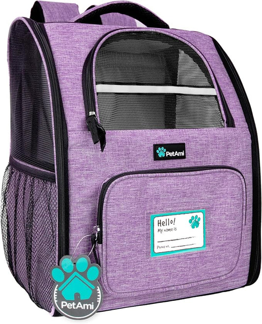 PetAmi Dog Backpack Carrier Airline Approved Cat Pet Puppy Bag, Purple | Ideal for Small Medium Large Pet up to 18 lb, 2 Side Entry Structured No-Collapse Frame, Ventilated Bookbag for Hiking Travel