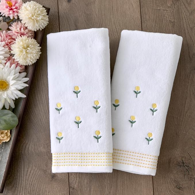 SKL Home Staggered Blossoms Hand Towel Set-2pc, 100% Cotton, White | Soft velour with decorative embroidery. For use in the bathroom, kitchen, bar or any sink space & makes a great gift.