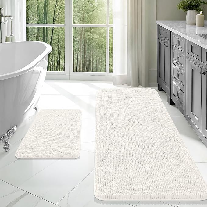 OLANLY Chenille Bathroom Rugs Mats Sets 2 Piece, 47"x20"+24"x16", Ivory | Ultra Soft Absorbent Bath Rugs Set, Rubber Backing Non-Slip, Quick Dry, Machine Washable Bath Carpet, Home Decor Accessories