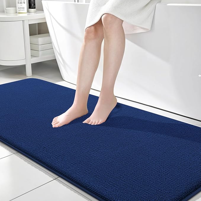 OLANLY Memory Foam Bathroom Runner Rug 70x24, Absorbent Long Bath Mat, Navy | Soft Quick Dry Bath Rugs, Non-Slip Carpet, Machine Washable Mat for Bathroom Floor, Tub and Shower, Home Decor Accessories