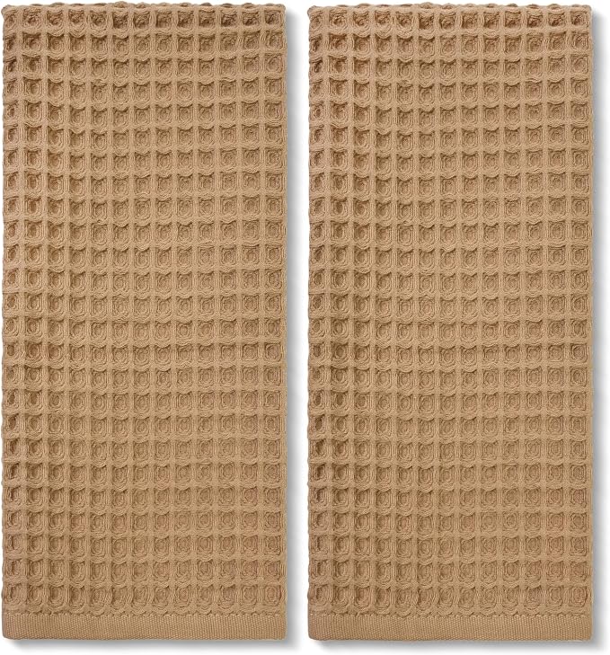 Waffle Bathroom Hand Towels 2-Piece (Tan) – Cotton, Soft, Lightweight | Lint Free, 13” x 29”