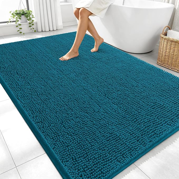 OLANLY Large Bathroom Rugs 70x46, Extra Soft Absorbent Chenille Bath Rugs | Peacock Blue, Quick-Drying Rubber Backing, Washable Bath Mat for Bathroom Floor, Tub and Shower, Home Decor Accessories