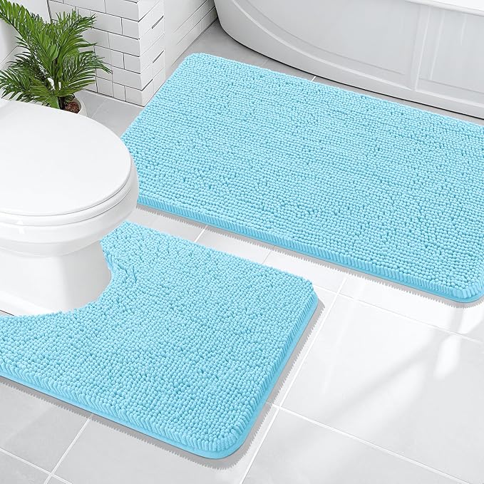 OLANLY Chenille Bathroom Rugs Mats Sets 2 Piece, 47"x20"+24"x20", Sky Blue | Soft Absorbent Bath Mat and U-Shaped Contour Toilet Rug Set, Quick Dry, Machine Washable Bath Carpet, Home Decor Accessories