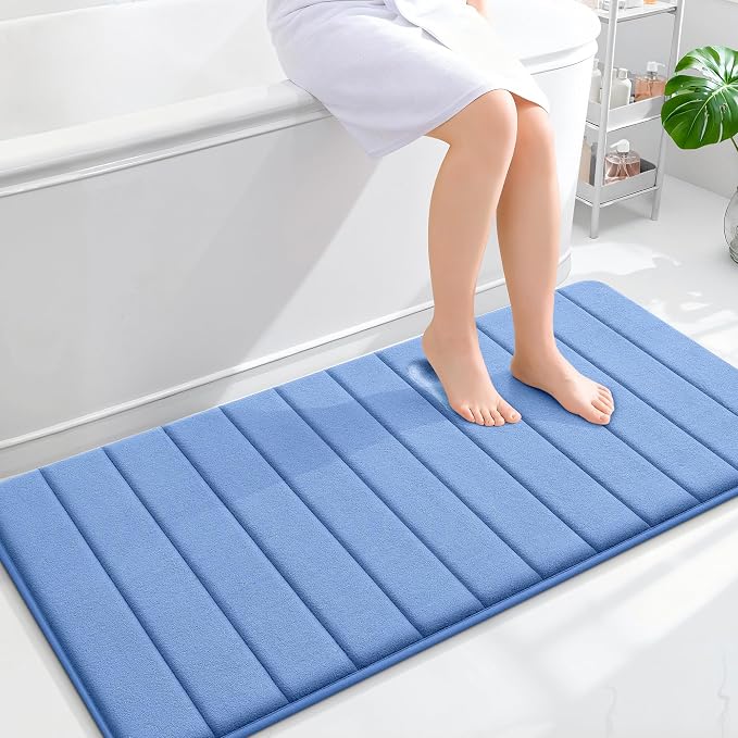 OLANLY Memory Foam Long Bathroom Rugs Runner 47x24, Super Soft Absorbent | Cornflower Blue, Quick Dry Bath Mat, Machine Washable Shower Floor Rugs, Bathmat Carpet for Bathroom Floor, Tub and Shower