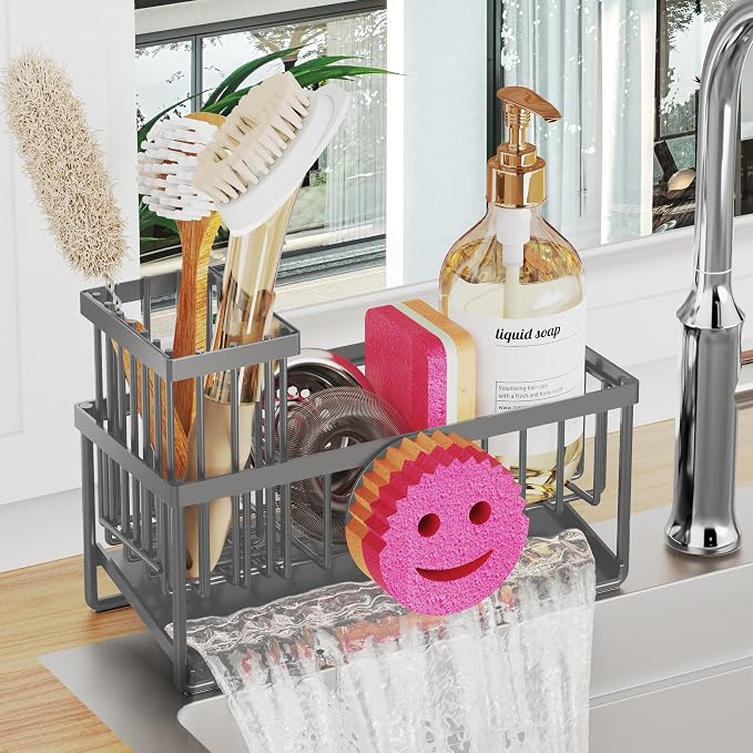 Sponge Holder for Kitchen Sink,Smiley Face Sink Caddy with Removable Brush Holder,Self-Draining Sponge Caddy for Soap,Dish Brush,Scrubber,Kitchen Essentials and Gadgets-Charcoal Gray