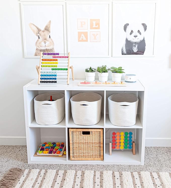 Off-White Cotton Rope Baskets for Shelves, Set of 3 - 15"×10"×9½" - Woven Storage Baskets for Organizing - Closet, Nursery, Bedroom, Playroom - Toys, Books, Towels, Clothes