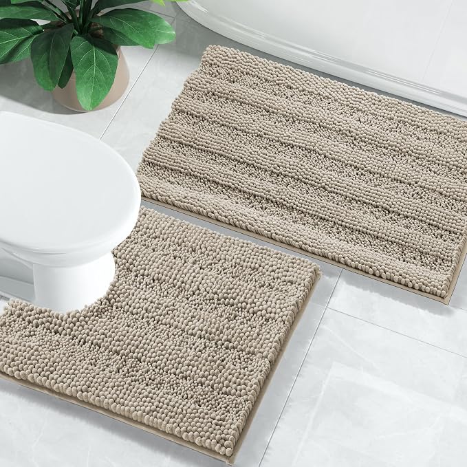 Yimobra U Shaped Toilet Rug Set, Absorbent Chenille, 24x17+24x20, Camel | Non Slip Machine Washable Quick Dry Bath Mat Set, Soft Plush Shower Rugs for Bathroom Floor Sink Tub and Shower Outside