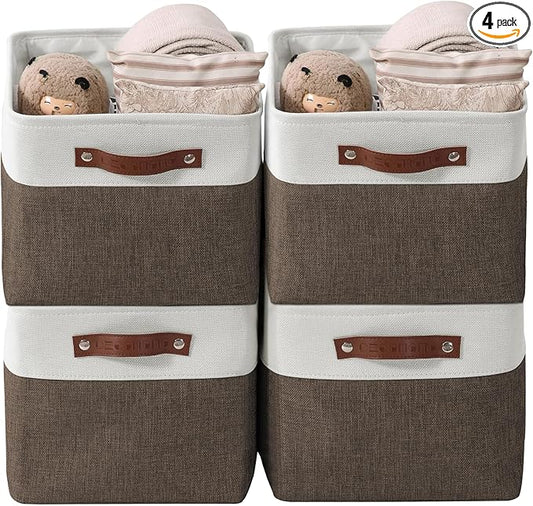 DECOMOMO Storage Bins, Large Fabric Storage Baskets for Shelves, Decorative Linen Closet Organizer, 15 x 11 x 9.5 inches (Brown & White, 4 Pack)
