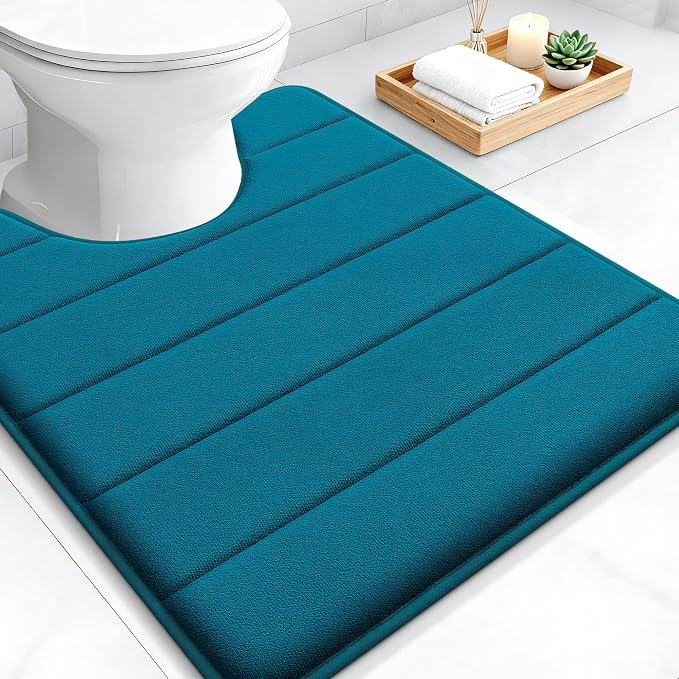 OLANLY Memory Foam Toilet Rugs U Shaped 24x20, Super Soft and Absorbent | Peacock Blue, Quick Dry Commode Contour Bath Rugs, Machine Washable Toilet Mat, Comfortable Bathmat Carpet for Bathroom Floor