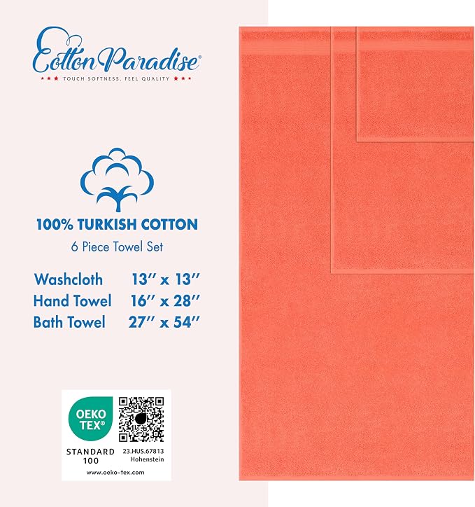 Cotton Paradise 6 Piece Towel Set, 100% Cotton Soft Absorbent Turkish Towels for Bathroom, 2 Bath Towels 2 Hand Towels 2 Washcloths, Coral Towel Set