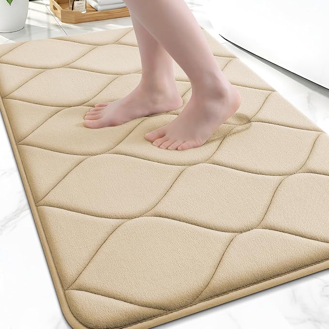Smiry Memory Foam Bath Mat 47x17, Ultra Soft Absorbent Bathroom Rugs | Beige, Plush Quick Dry and Machine Washable Cushion Bath Mats for Bathroom, Shower, Tub & Home Decor