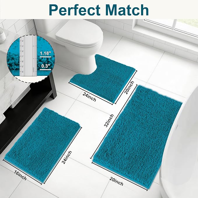 Bathroom Rugs Sets 3 Piece Non Slip Washable Bath Mat Set | Microfiber bath rug set with toilet mats for bathroom , Soft Absorbent toilet rug set TPR Rubber Backed bathroom floor mat