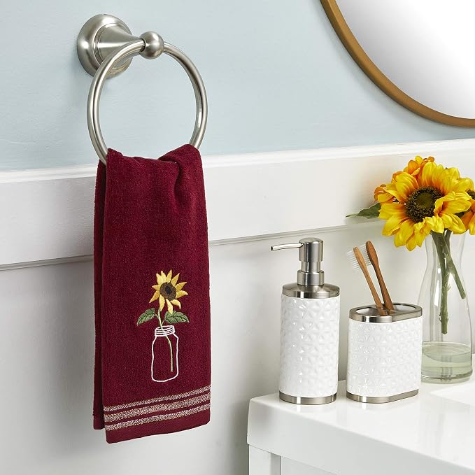SKL Home by Saturday Knight Ltd. Sunflower In Jar 2 Pc Hand Towel Set, Wine | 100% Cotton. Soft, decorative velour. For use in the bathroom, kitchen or bar & makes a great gift.