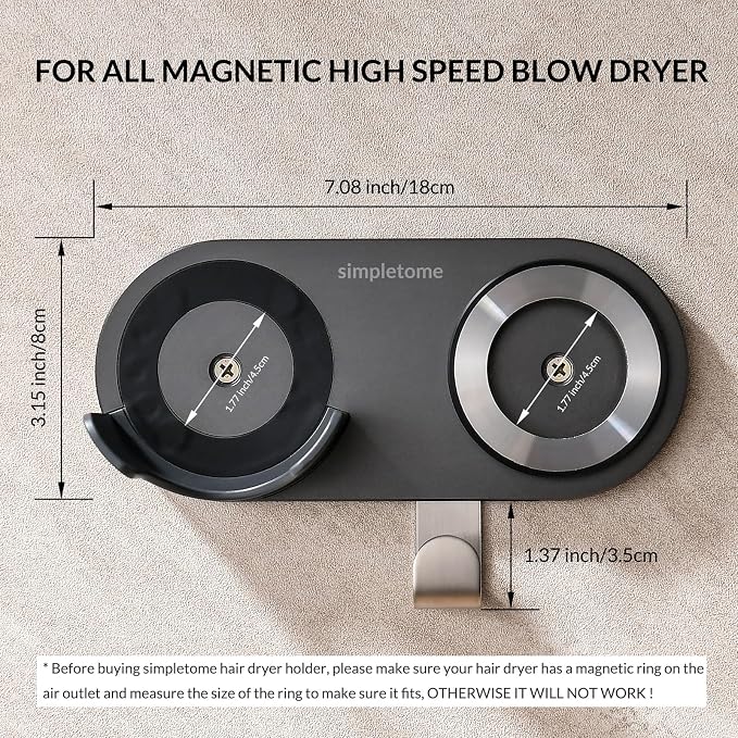 simpletome Hair Dryer Holder Wall Mount for All Magnetic High Speed Blow Dryer with Plug Cord Organizer Hook (Aluminum Alloy, Grey)