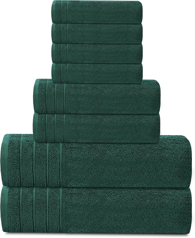 8 Piece Towel Set, 2 XL Bath, 2 Hand, 4 Washcloth, Hunter Green | 100% Cotton, Lighter Weight, Quicker to Dry, Super Absorbent, Perfect for Bathroom