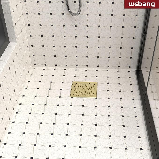 WEBANG 6 Inch Square Shower Drain Gold Floor Drain with Flange Wave-Hole Pattern Cover Grate Removable SUS304 Stainless Steel Watermark&CUPC Certified Brushed Gold