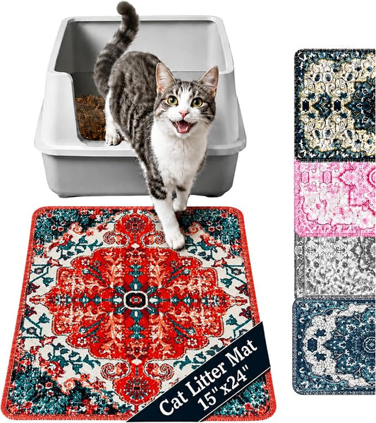 PUPIBOO Cat Litter Mat, Litter Trapping Mat, and Washable Cat Pee Pad | Cat litter box mat and cat food mat, 15x24in, 4-layer, OekoTex-, non-slip, washes up to 500 times