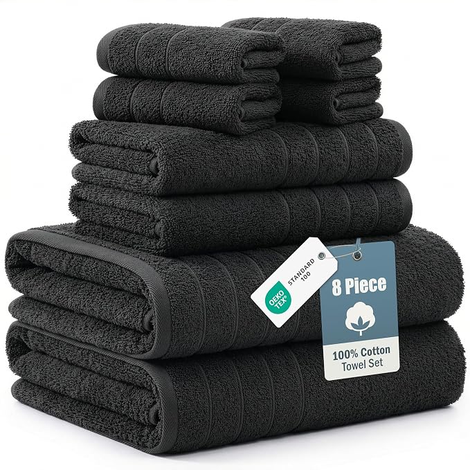 Casa Platino Bathroom Towel Set 8 Piece Soft Absorbent Quick Dry - Black | Cotton Towel Set - Coordinated Colors, Dobby Border Accent, OEKO-TEX Certified, Ring-Spun Durability, Ring-Spun Cotton