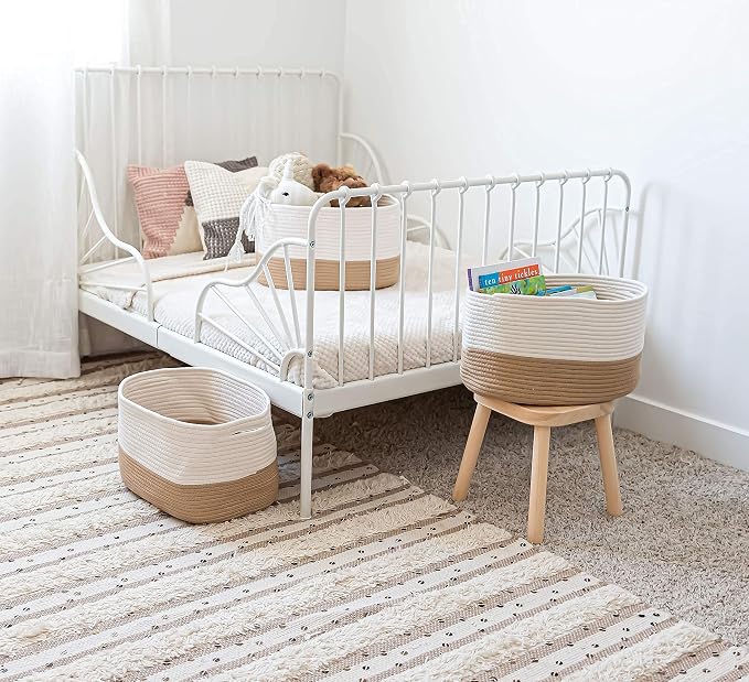 Honey Cotton Rope Baskets for Shelves, Set of 3 - 15"×10"×9½" - Woven Storage Baskets for Organizing - Closet, Nursery, Bedroom, Playroom - Toys, Books, Towels, Clothes