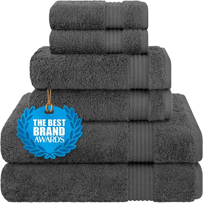 Cotton Paradise Towel Set of 6, 2 Bath Towels, 2 Hand Towels and 2 Washcloths Towels for Bathroom Sets, Smoke Gray